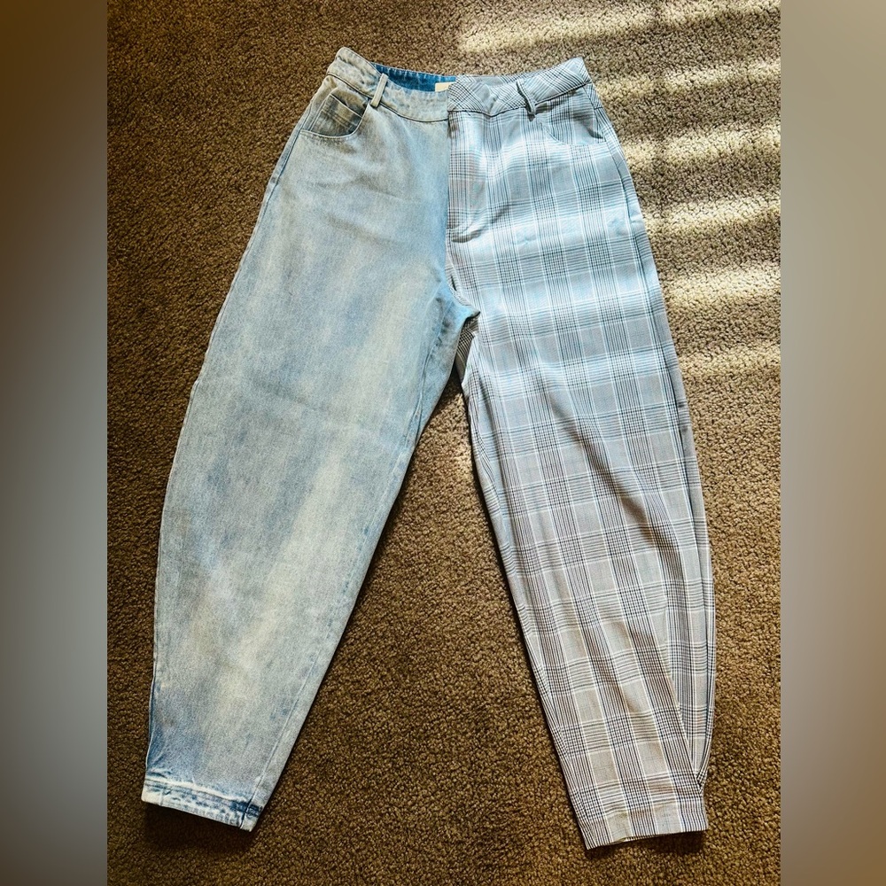Two-Tone Half Light Blue Denim Half Plaid Trousers - Women’s Size 8